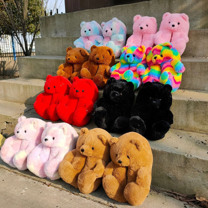 Cartoon Bear Cotton Shoes Warm Cute Teddy Bear Slippers Oversized Indoor Home Shoes Winter Plush Fluffy Slippers Cross-Border