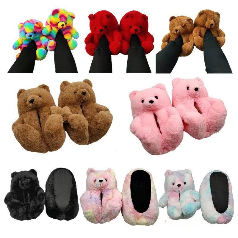 Cartoon Bear Cotton Shoes Warm Cute Teddy Bear Slippers Oversized Indoor Home Shoes Winter Plush Fluffy Slippers Cross-Border