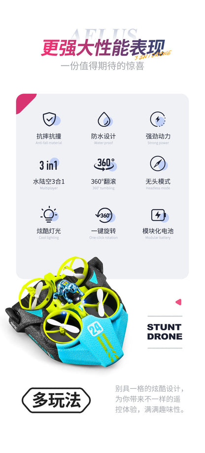 Cross-Mirror Sea-Land-Air 3-in-1 Remote Control Airplane Children's Helicopter Stunt Car Boys Quadcopter Toy