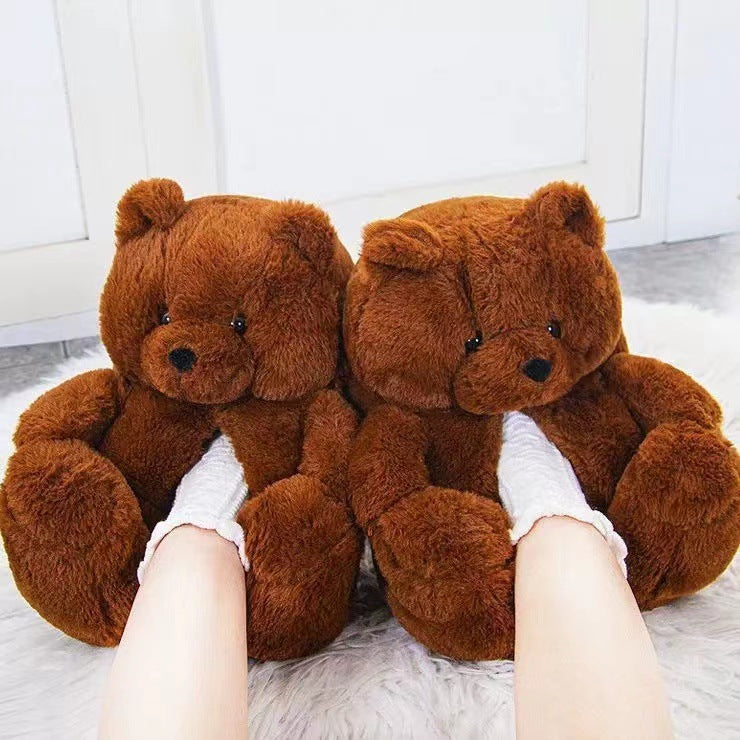 Cartoon Bear Cotton Shoes Warm Cute Teddy Bear Slippers Oversized Indoor Home Shoes Winter Plush Fluffy Slippers Cross-Border