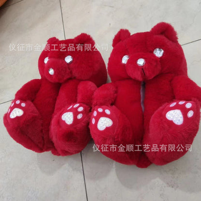 Cartoon Bear Cotton Shoes Warm Cute Teddy Bear Slippers Oversized Indoor Home Shoes Winter Plush Fluffy Slippers Cross-Border