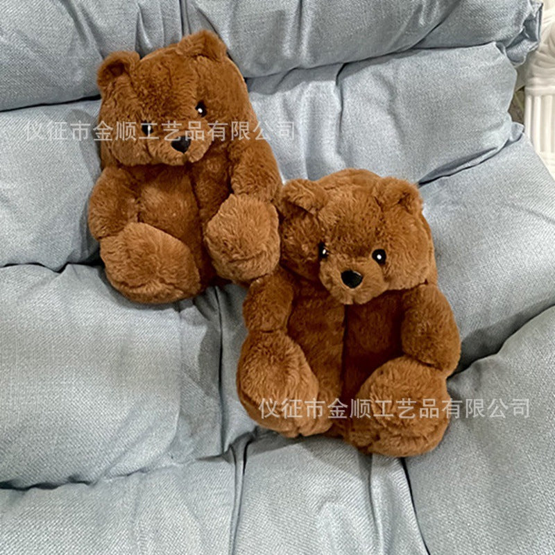 Cartoon Bear Cotton Shoes Warm Cute Teddy Bear Slippers Oversized Indoor Home Shoes Winter Plush Fluffy Slippers Cross-Border