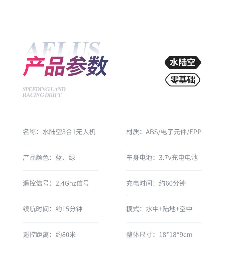 Cross-Mirror Sea-Land-Air 3-in-1 Remote Control Airplane Children's Helicopter Stunt Car Boys Quadcopter Toy