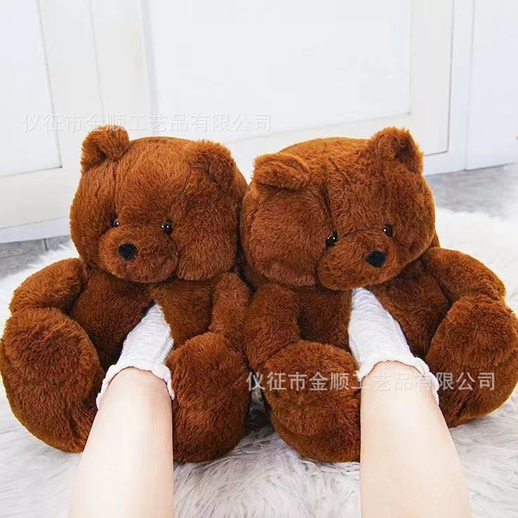 Cartoon Bear Cotton Shoes Warm Cute Teddy Bear Slippers Oversized Indoor Home Shoes Winter Plush Fluffy Slippers Cross-Border
